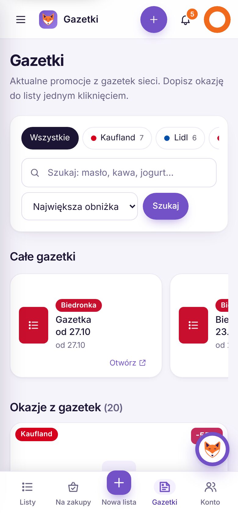 Ekran Gazetki: filtr sieci Kaufland i Lidl, wyszukiwarka promocji, całe gazetki Biedronki i okazje z gazetek.