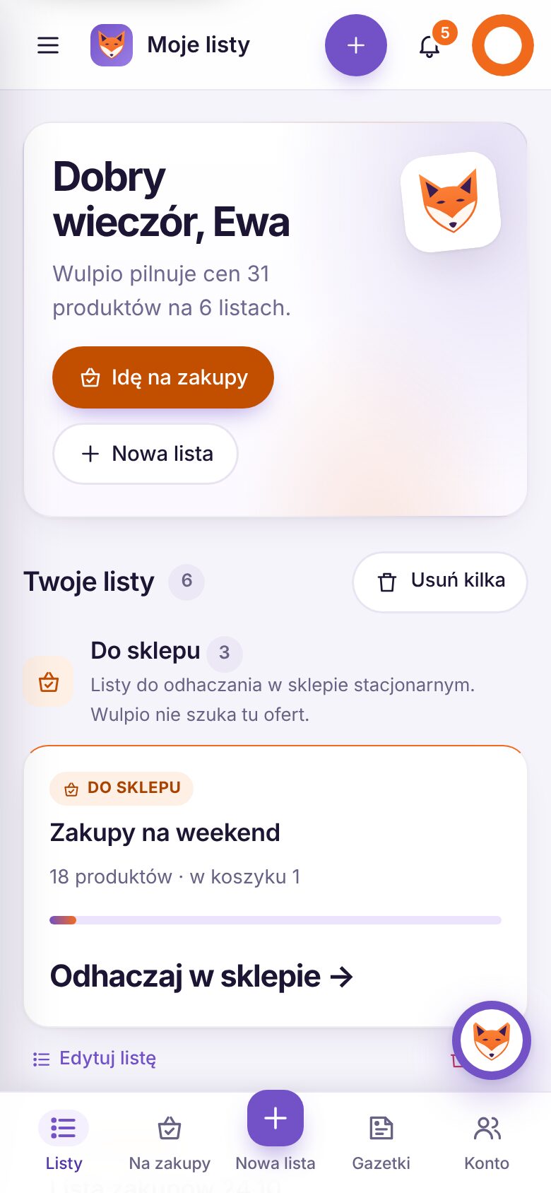 Ekran główny aplikacji Wulpio na telefonie: powitanie, przycisk „Idę na zakupy” i lista „Zakupy na weekend” z paskiem postępu odhaczania.